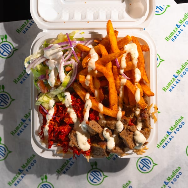 Halal food platter with chicken, lamb, fries, salad, and white sauce in a to-go container.